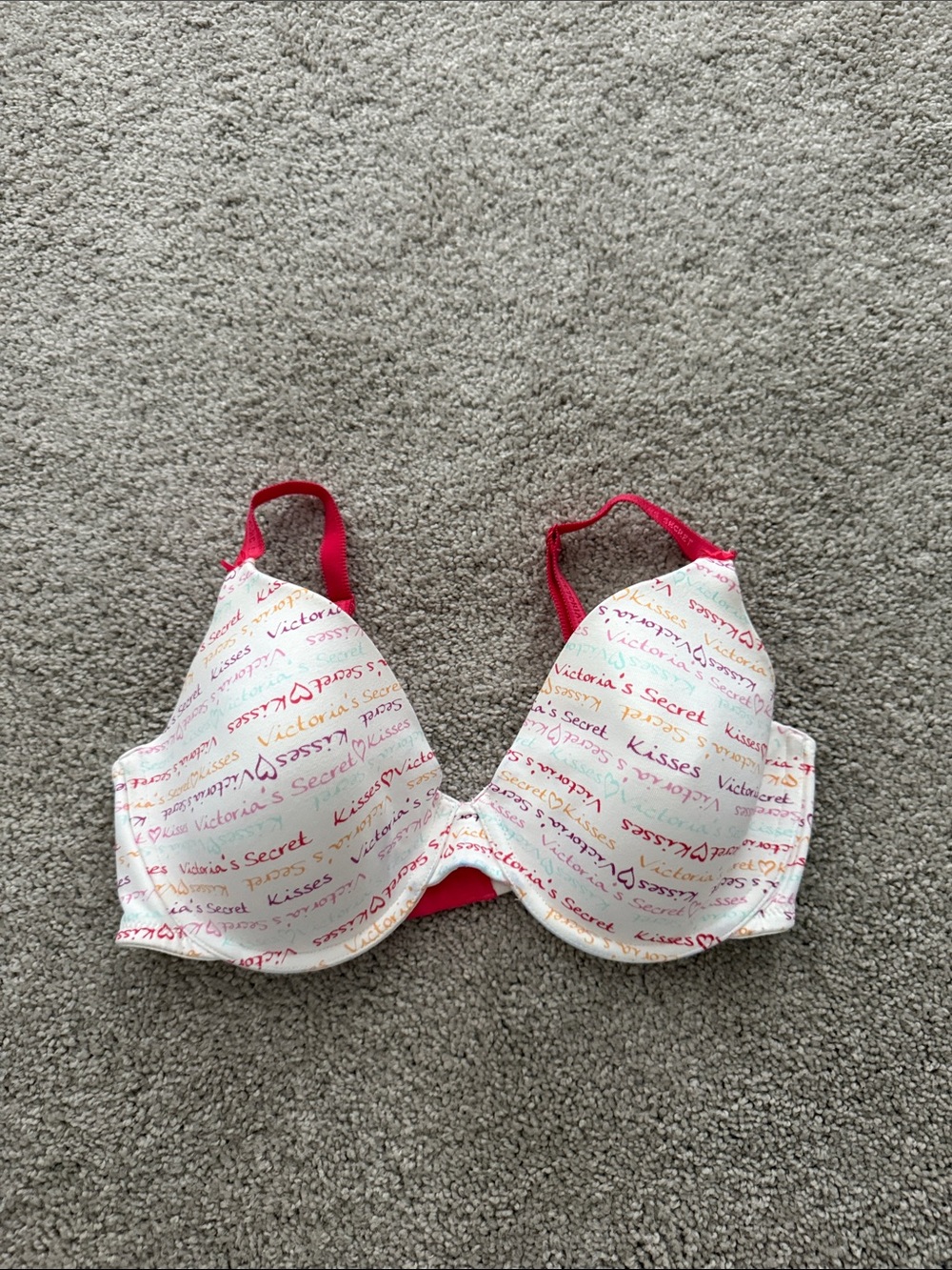 Victoria's Secret White Logo Script T-Shirt Bra with Pink Straps